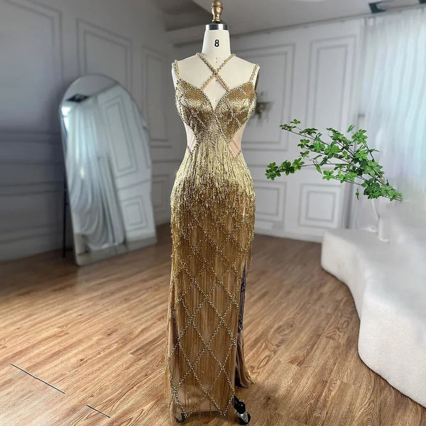 Serene Hill Dubai Silver Mermaid Gold Evening Gowns Luxury Beaded Tassel Spaghetti Strap Party Drsses For Women 2025 LA72280