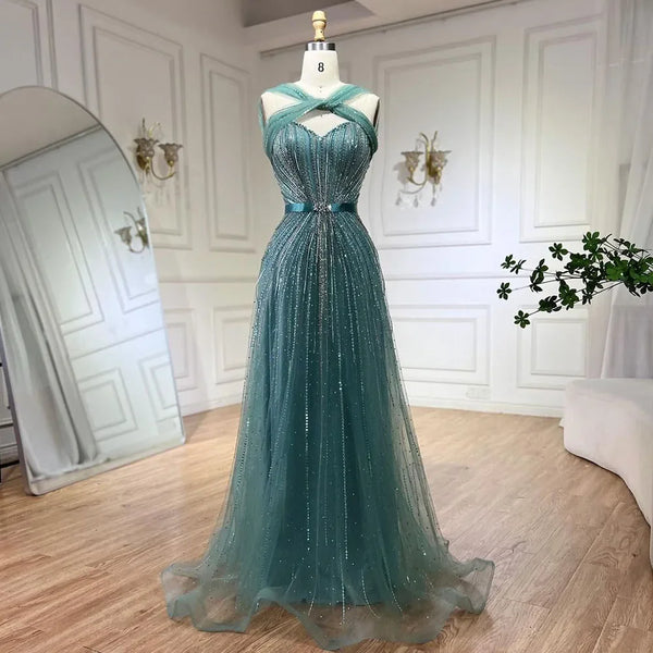 Serene Hill Dubai Turquoise Spaghetti Strap Mermaid Luxury Beaded Evening Dresses Gowns For Women Wedding Party 2025 LA72322