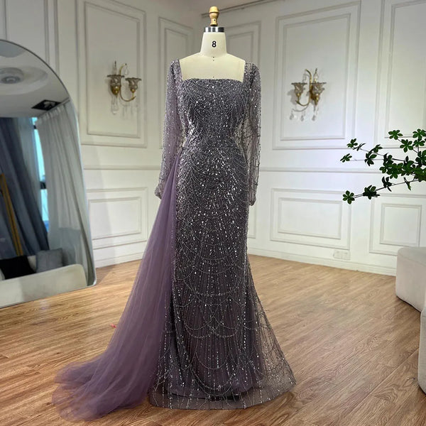Serene Hill Elegant Arabic Purple Mermaid Beaded Evening Gown with Tulle Overskirt for Women | Wedding Party 2025 LA72032F