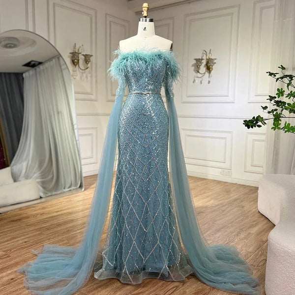 Luxury Feather Turquoise Evening Dress with Cape LA72169B