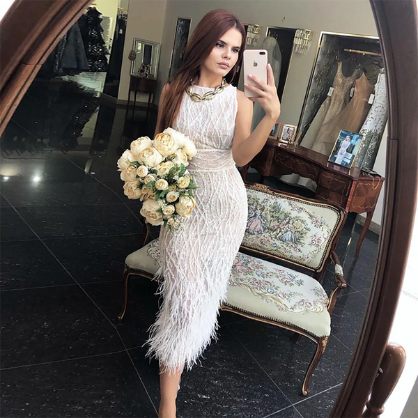 Elegant Black & White Feather  Midi  Evening Dresses  LA72076