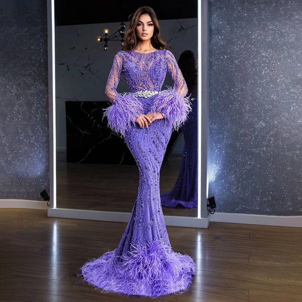 Serene Hill Elegant Mermaid Evening Dress Arabic Purple Beaded Feathers | Luxury Gown for Women's Wedding Party  LA72367