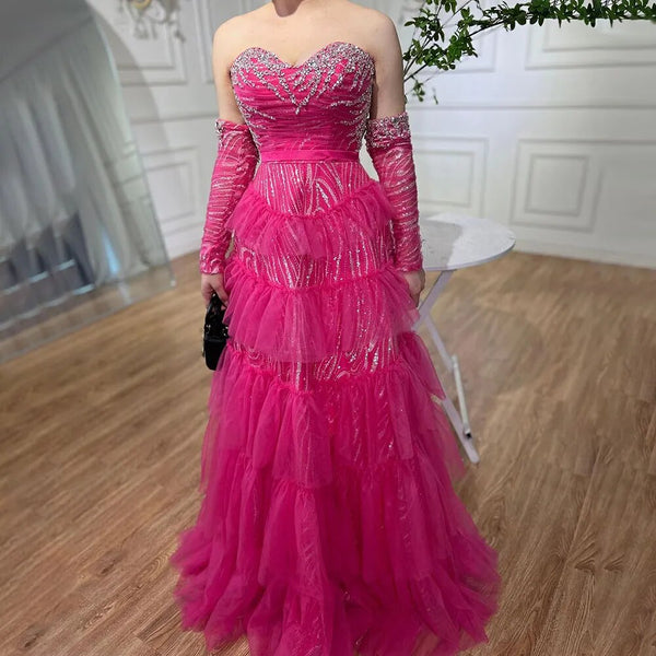 Serene Hill Fuchsia A Line Elegant Sweetheart Off Shoulder Tiered Beaded Evening Dresses Prom Gowns For Women Party 2025 LA72035