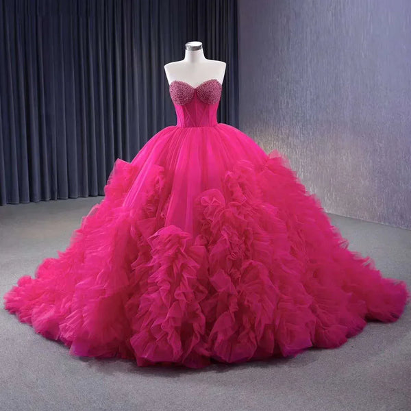 Serene Hill Fuchsia Elegant Boat Neck Lace Up Pearls Beaded Luxury Bride Gowns Wedding Dress 2025 High End Custom Made HM231108