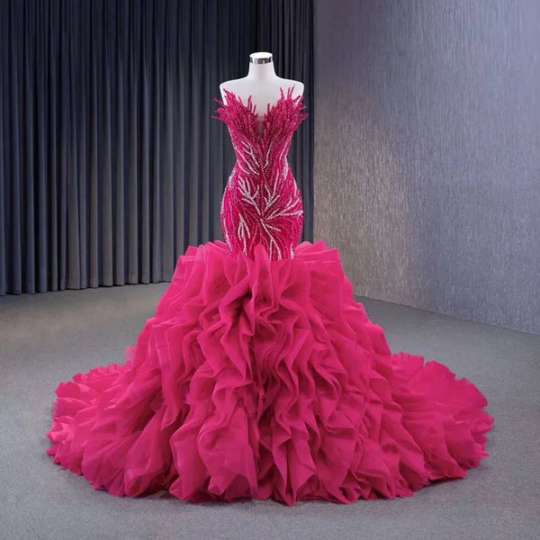 Serene Hill Fuchsia Lace Up Pearls Beaded Luxury Mermaid Bride Gowns Wedding Dress 2025 High End Custom Made HM231040