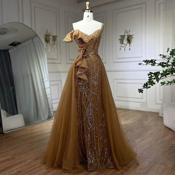 Serene Hill Golden Mermaid Evening Dress With Skirt - Women's Luxury Grey Beaded Spaghetti Strap Party Dress 2025 LA72341