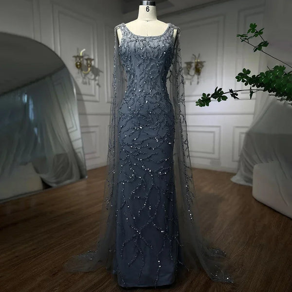 Serene Hill Gray Mermaid Arabic Evening Dresses Gowns Elegant Cape Sleeves Luxury Beaded 2025 For Women Wedding Party LA72149