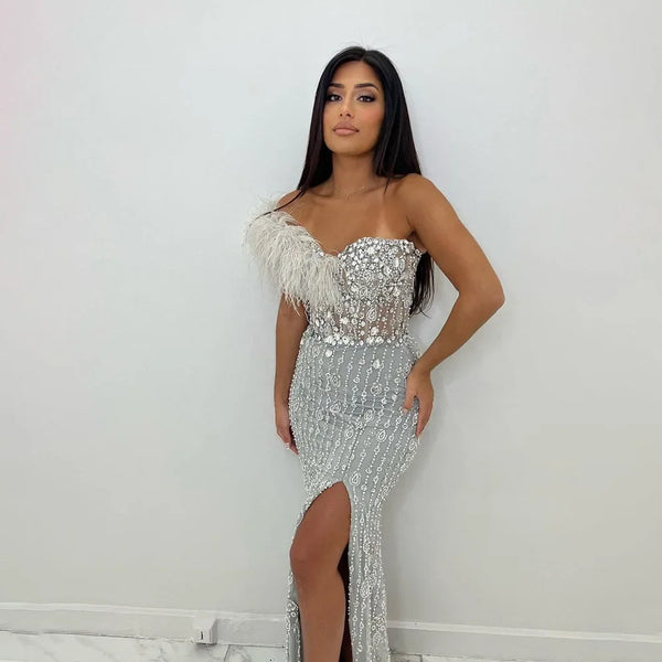Serene Hill Gray Mermaid One Shoulder High Split Beaded Feather Luxury Evening Dresses Gowns For Women Party 2025 LA72347