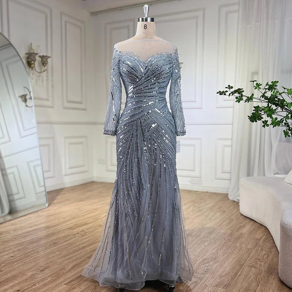 Serene Hill Gray Muslim Luxury Beaded Mermaid Evening Gowns Elegant Floor Length Party Dresses For Women Wedding 2025 LA72295