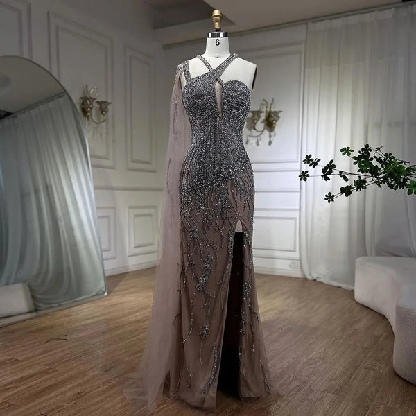 Serene Hill Gray Nude One-Shoulder Cape Sleeves Mermaid Evening Dress High Split Beaded Long Gown for Woman Party LA72368