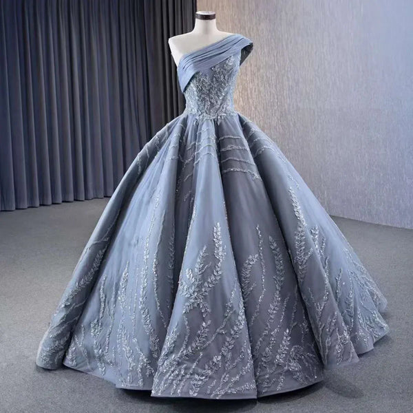 Serene Hill Gray One Shoulder Lace Up Beaded Luxury Ball Gown Bride Gowns Wedding Dress 2025 High End Custom Made HM231074