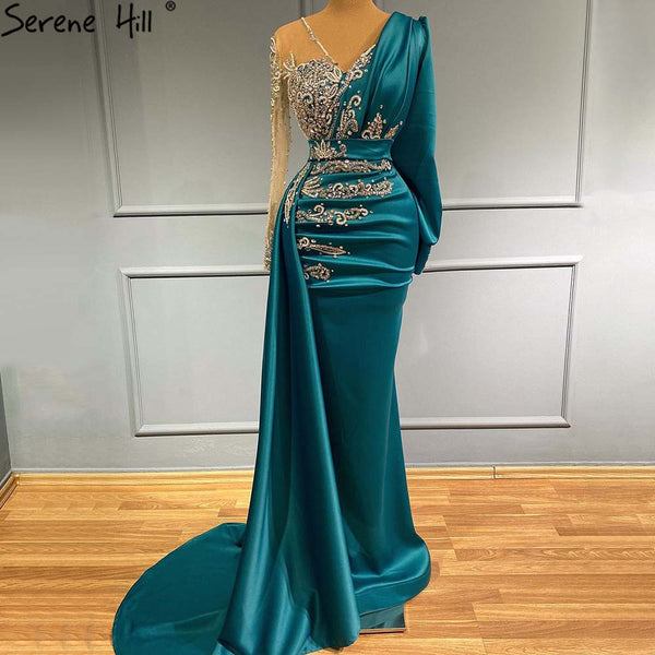 Serene Hill Green Mermaid Satin Evening Dresses Gowns 2025 Muslim Elegant Beaded Luxury For Women Party LA71370