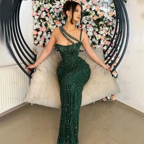 Serene Hill Green One Shoulder Mermaid Elegant Beaded Luxury Red Evening Dress Gown for Women's Wedding Party 2025 LA72340