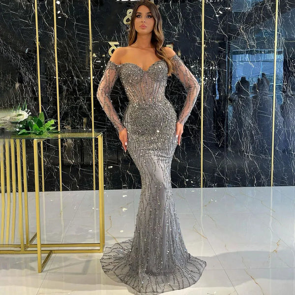 Serene Hill Grey Mermaid Spaghetti Strap Luxury Beaded Elegant Evening Dresses Gowns 2025 For Woman Wedding Party LA71650