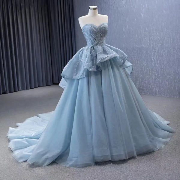 Serene Hill High End Custom Made Gray Blue Lace Up Beaded Luxury Ball Gown Bride Gowns Wedding Dress HM231064