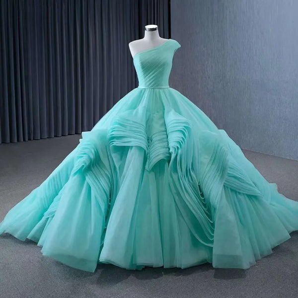 Serene Hill High End Custom Made Light Green One Shoulder Lace Up Beaded Luxury Ball Gown Bride Gowns Wedding Dress HM231120
