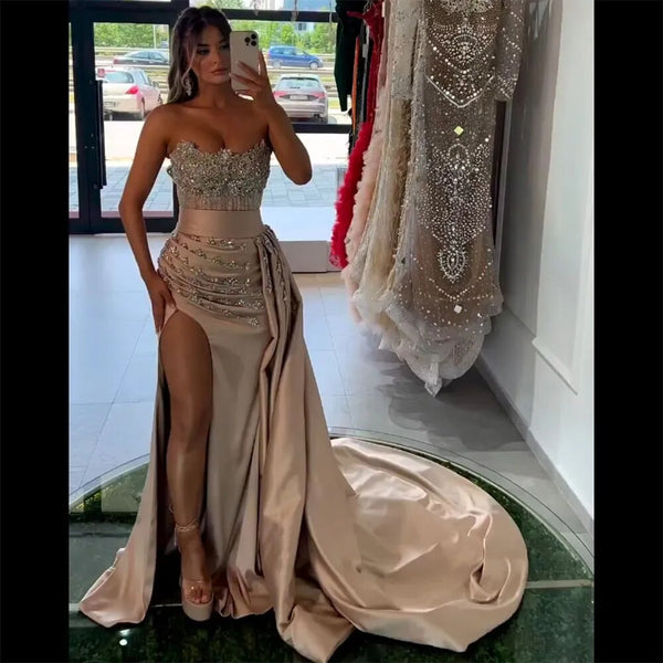 Serene Hill High Split With Skirt Mermaid Nude Sexy Strapless CRYSTAL Beaded Evening Dresses Gowns For Women Party 2025 LA72135