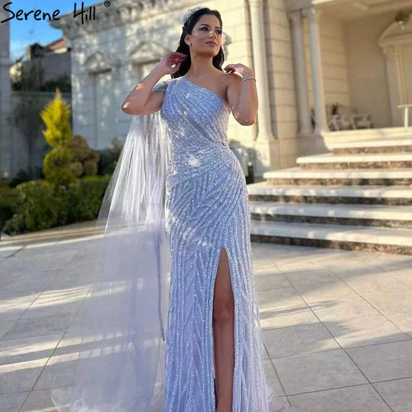Serene Hill Lilac High Split Mermaid Elegant One Shoulder Evening Dresses Gowns Luxury Beaded 2025 For Women Party LA71493