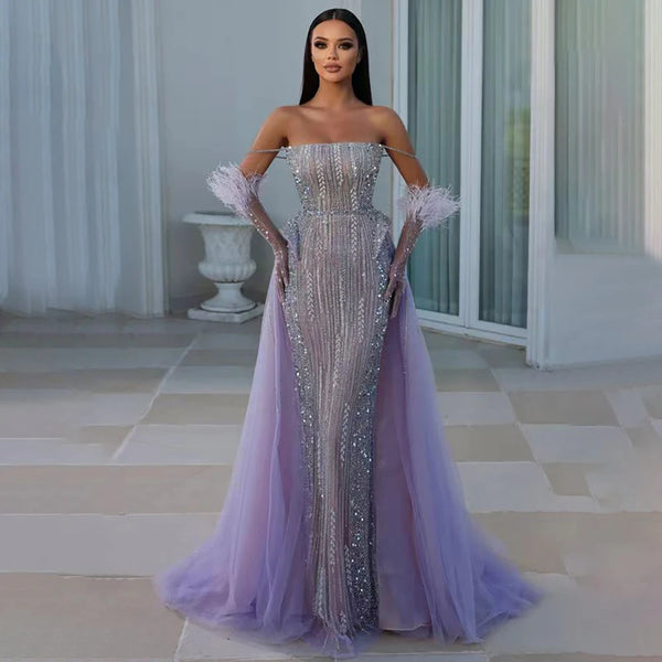 Serene Hill Lilac Mermaid Overskirt Feather Beaded Evening Dresses With Gloves Gowns 2025 For Women Party LA72029