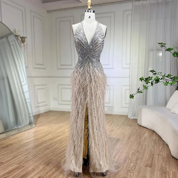 Serene Hill Luxury Beaded Feather Beige High Split Mermaid Evening Dresses Gowns Backless 2025 For Women Party LA70623B