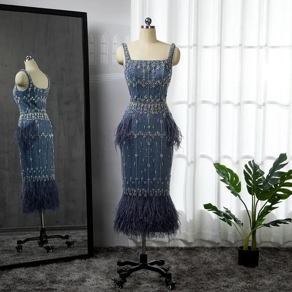 Luxury Blue Lace Midi Evening Dress with Crystals and Feathers LA71492A