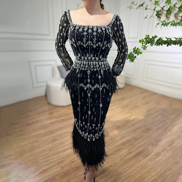 Luxury Blue Lace Midi Evening Dress with Feathers LA71492AM