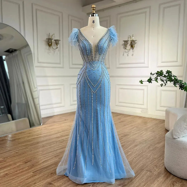 Serene Hill Luxury Dubai Blue Mermaid Evening Dresses Gowns Pearls Feathers Beaded for Women Wedding Party LA72578