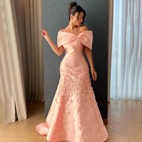 Serene Hill Luxury Dubai Elegant Appliques Mermaid Peach Satin Long Evening Dresses Gowns for Women Wedding Party 2025 LA72483
