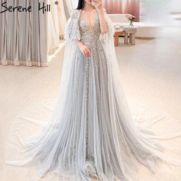 Serene Hill Luxury Dubai Grey Evening Formal Dresses with Feather Cape Shawl Gold Arabic Women Wedding Party Gowns Long LA70640