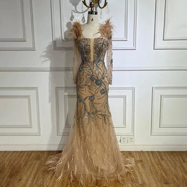 Serene Hill Luxury Dubai Nude One Shoulder Beaded Feathers Mermaid Evening Dresses Gowns for Women Wedding Party Gown LA72508