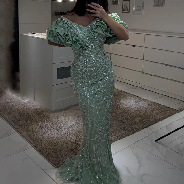 Luxury Dubai Luxury Dubai Off Shoulder Mermaid Sage Green Evening Dresses For Women Arabic Wedding Party Gown  LA72281