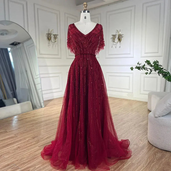 Serene Hill Luxury Dubai Red A-Line Elegant Evening Dresses Half Sleeves BeadedFor Woman Wedding Party 2025 LA70458