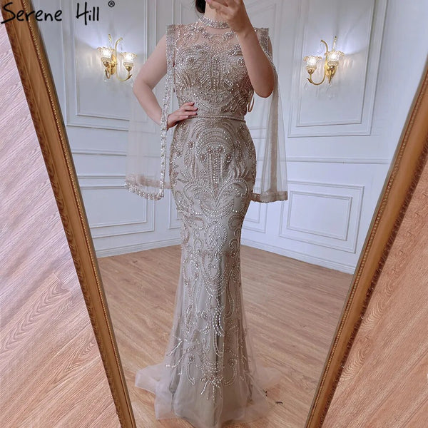 Serene Hill Luxury Grey  Nude With Cape  Mermaid Luxury Evening Dresses Gowns 2025 Beaded Elegant Sexy For Woman Party  LA71027