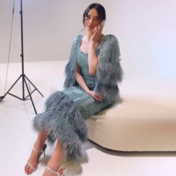 Serene Hill Luxury Turquoise Mermaid Evening Dresses Gowns 2025 Beaded Feather Elegant For Women Party LA71807