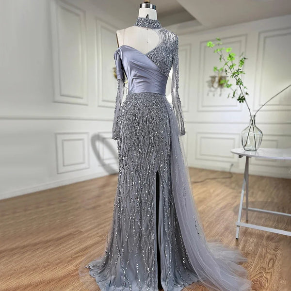 Serene Hill Mermaid Elegant High Split Beaded Blue Evening Dresses For Women Wedding Party 2025 Arabic Prom Formal Gowns LA71856