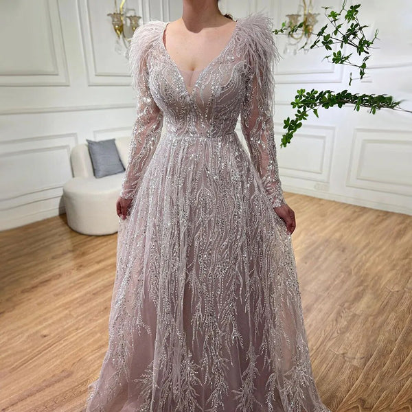 Serene Hill Muslim Beige A Line  Beaded Feathers Luxury Dubai Long Evening Dresses Gowns 2025 For Women Wedding Party LA72172