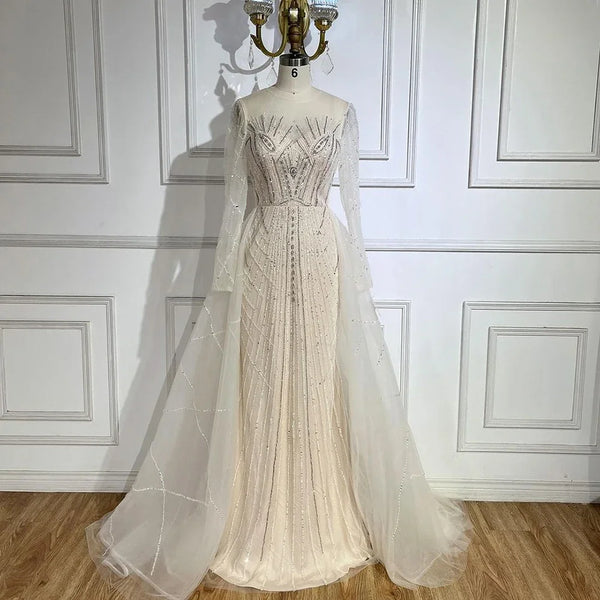 Serene Hill Muslim Beige Elegant Overskirt Mermaid Luxury Beaded Evening Dresses Gowns 2025 For Woman Party LA72528