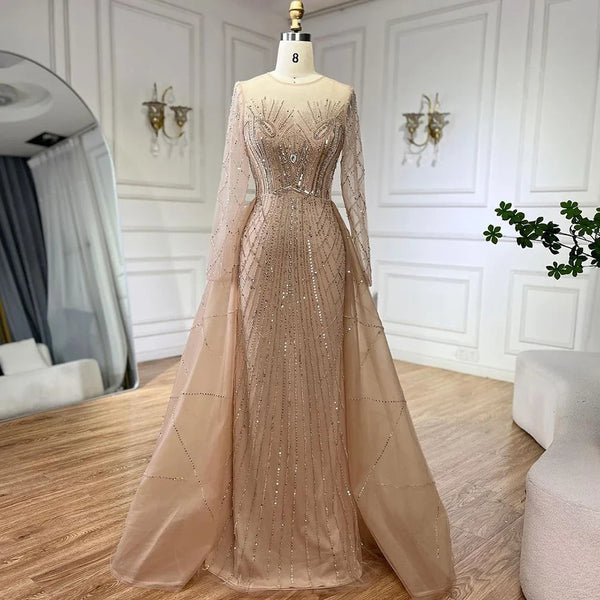 Serene Hill Muslim Beige Elegant Overskirt Mermaid Luxury Beaded Gold Evening Dresses Gowns 2025 For Woman Party LA72528