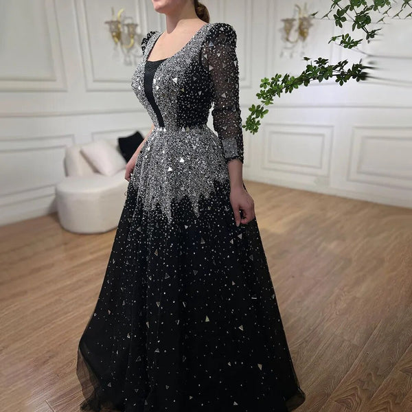 Serene Hill Muslim Black A-Line Evening Dresses Gowns 2025 Sequined Beaded Luxury For Woman Wedding Party LA71214
