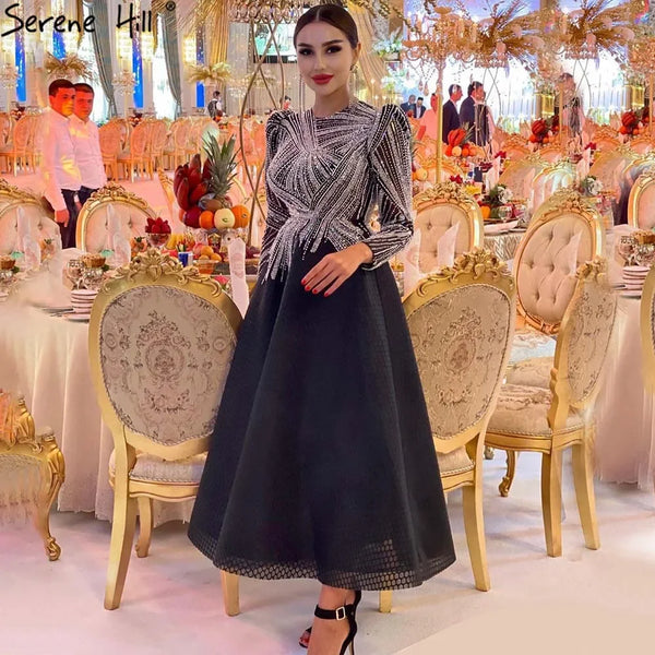Luxury Black Short Muslim Evening Dress Long Sleeve LA71290