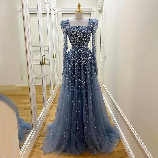 Serene Hill Muslim Blue A Line  Evening Dresses Luxury Beaded  Formal Gowns 2025 For Women Party LA71762A
