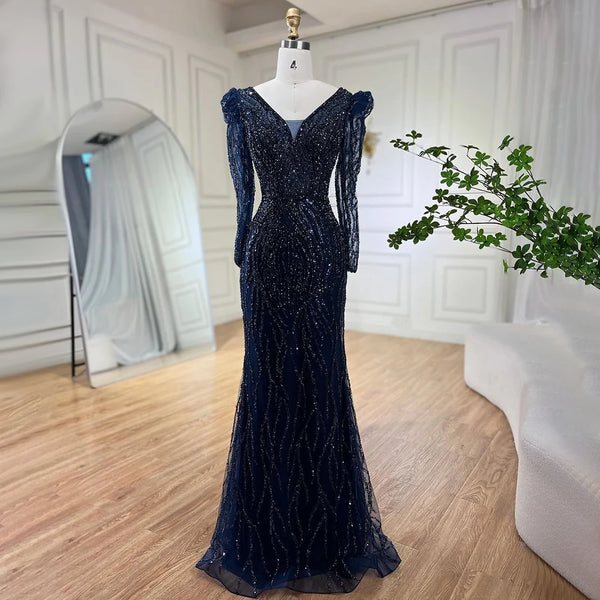 Serene Hill Muslim Blue Elegant Mermaid Beaded Arabic Luxury Evening Dresses Gowns for Women Wedding Party 2025 LA71931