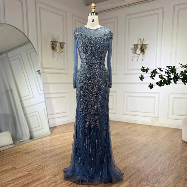 Serene Hill Muslim Blue Mermaid Luxury Beaded Dubai Long Evening Dresses Gowns for Women Wedding Party 2025 LA71999L