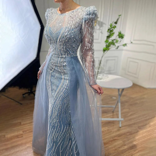 Serene Hill Muslim Blue Mermaid Over Skirt Evening Dresses Beads Puff Shoulder  Formal Gowns 2025 For Women Party LA72030