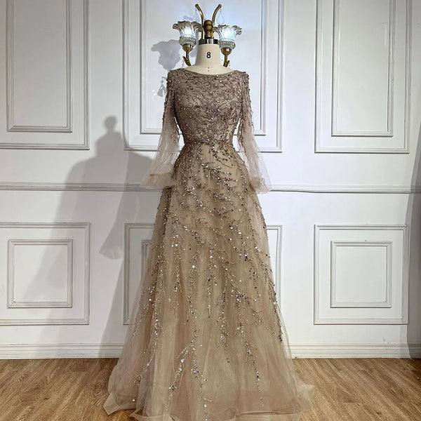 Serene Hill Muslim Caramel A Line Beaded Luxury Dubai Long Evening Dresses Gowns For Women Wedding Party 2025 LA71653A