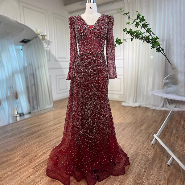 Serene Hill Muslim Designer Luxury Wine Red Mermaid V Neck Beaded Evening Dresses Gowns For Women Wedding Party 2025 LA72148