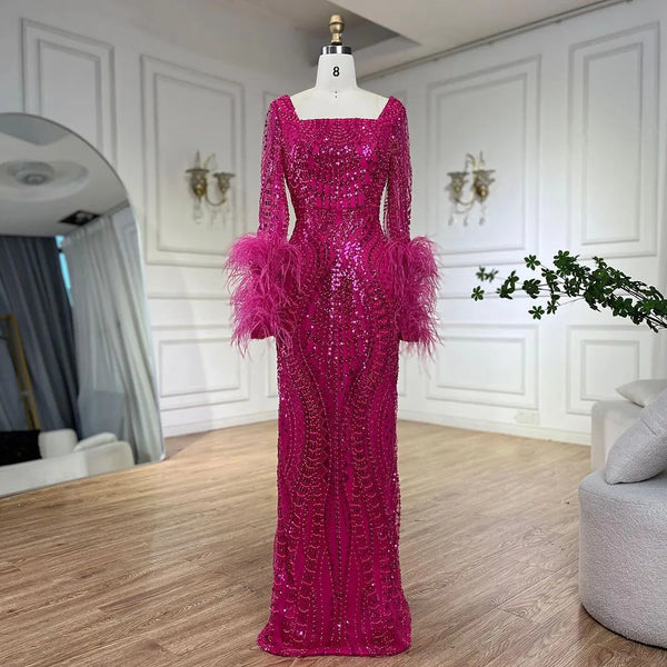 SFuchsia Luxury Dubai Evening Dresses Long Sleeves LA72565