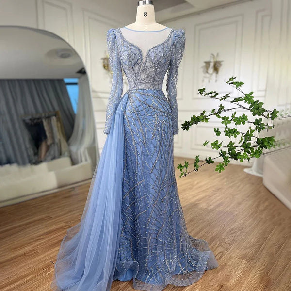Luxury Muslim Blue Mermaid Beaded Dubai Evening Dresses with Overskirt LA72206