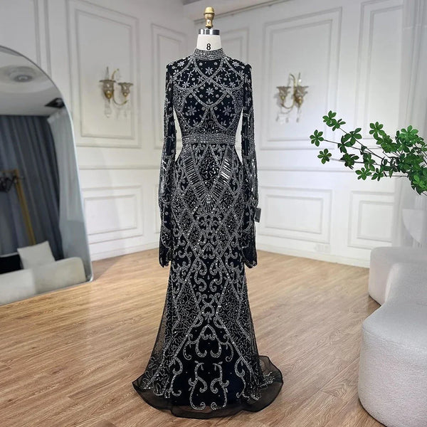 Luxury Dubai Muslim Grey Mermaid Elegant Nude Cape Sleeve Beaded Luxury Dubai Long Evening Dress  Women's Party LA72316