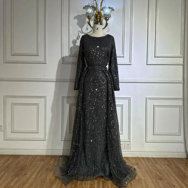 Luxury Dubai Muslim Grey Mermaid Pearls Beaded Evening Dresses Gowns For Formal Occasion LA72032H